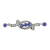 A late Victorian silver and gold, sapphire and diamond bar brooch