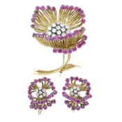 A 1960s 18ct gold, diamond and ruby flower brooch, by Alabaster & Wilson, with matching earrings