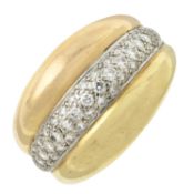 A pavé-set diamond, tricolour, grooved bombé ring