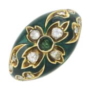 An emerald, rose-cut diamond and green enamel ring