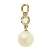 A cultured pearl pendant, with rose-cut diamond collet spacer