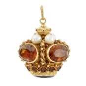 A mid 20th century gold citrine and cultured pearl crown pendant