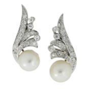 A pair of mid 20th century platinum and 18ct gold, pearl and diamond earrings