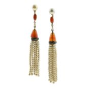 A pair of early 20th century gold and silver, carnelian and imitation seed pearl earrings