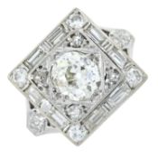 A mid 20th century palladium and gold, vari-cut diamond ring