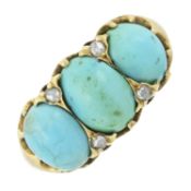 A late Victorian 18ct gold turquoise three-stone and diamond point spacer ring, by Child & Child