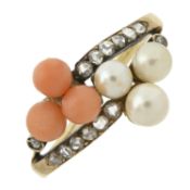 A late 19th century gold, coral, pearl and diamond floral crossover ring