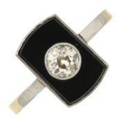 An Art Deco platinum and gold, diamond and onyx ring