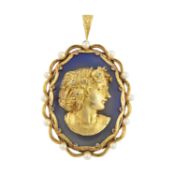 A 1970s 9ct gold, diamond, cultured pearl and dyed chalcedony pendant