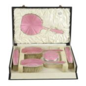 Cased George V silver & enamel dressing table set