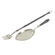 Edwardian silver mounted toasting fork; plus a continental fish slice (2)