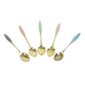 Five Danish silver-gilt & enamel coffee spoons