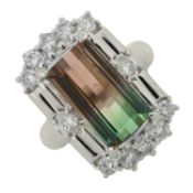 A bicolour tourmaline and diamond cluster ring