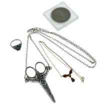 A selection of jewellery & a coin