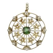 An early 20th century split pearl, seed pearl, & tourmaline pendant