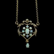 A 9ct gold opal & diamond pendant, with chain