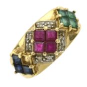 An 18ct gold ruby, sapphire, emerald, & diamond ring