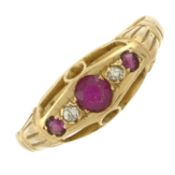 An early 20th century synthetic ruby, ruby, & diamond ring