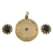 A pair of garnet & seed pearl cluster earrings & a locket pendant
