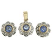 A set of 9ct gold sapphire & diamond pendant & earrings