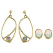 Two pairs of 9ct gold opal earrings