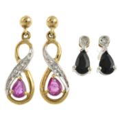 Two pairs of gem-set earrings, one pair 9ct gold