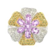A 14ct gold pink sapphire, diamond & 'yellow' diamond floral dress ring