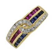 A diamond, ruby & sapphire ring