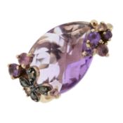 A 14ct gold amethyst, coloured diamond & pink gem ring