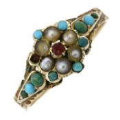 A late 19th century split pearl, turquoise, & gem ring