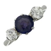 A mid 20th century sapphire & diamond three-stone ring