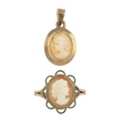 9ct gold cameo ring & pendant