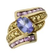 A 9ct gold tanzanite & vari-hue sapphire dress ring