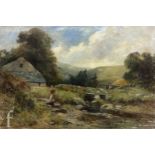 Arthur Wellesley Cottrell (1854-1913) - Collecting the water with a stone bridge and cottage in
