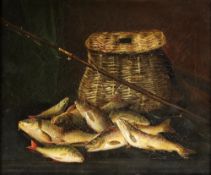 19th Century English School An attractive "Rustic Fishing Still Life," with creel basket, fishing