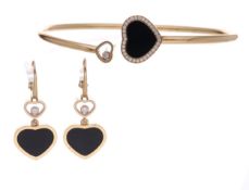Chopard Happy Hearts 18ct rose gold black onyx and diamond bangle and earring set, the bangle with