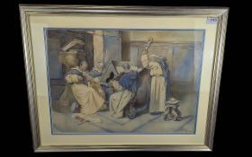 Signed Watercolour depicting four Ecclesiastical Gentlemen in robes playing musical instruments.