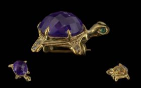 Amethyst, Emerald and Diamond Set Brooch, in the form of a turtle. Central Amethyst approx. 9