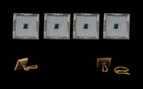 Harrods - 1920's Fine Boxed Set of 9ct White Gold and Platinum Blue Sapphire Set Studs. Marked 9ct.