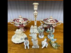 Mixed Lot of Porcelain to include Royal Worcester candlestick, two Copeland Spode tureens, figures,