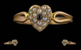 Ladies Exquisite 18ct Gold Pearl and Sapphire Set Ring. Tests 18ct. Ring Size L. Weight 1.6 grams.