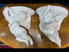 Pair of Italian Style Porcelain Cherub Wall Brackets/Sconces, of large impressive form, white,
