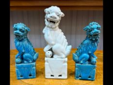 Three Oriental Foo Dog Figures, two cobalt blue 8.5