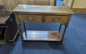 Golden Oak Country Style Side Table, two drawers, turned supports and shelf.