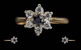 Ladies Pleasing Quality 18ct Gold Diamond & Sapphire Set Cluster Ring - Full Hallmark To Interior