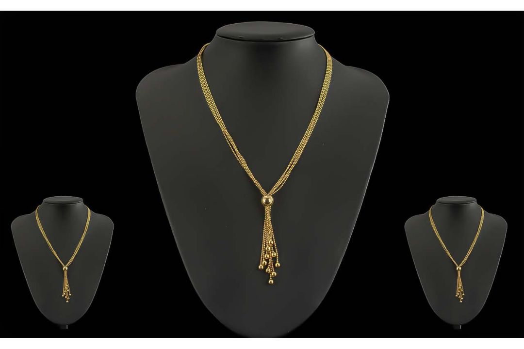 Ladies Excellent Quality 9ct Gold Multi-Strand Necklace with Tassel and Ball Design Drop. - Image 1 of 2