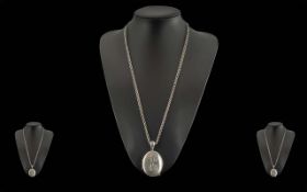 Antique Period Large Sterling Silver Hinged Locket & Attached Silver Chain - Hallmark Birmingham