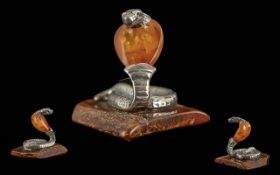 Novelty Silver and Amber Figure of a Snake. Hallmarked Silver Figure of a Cobra Snake.