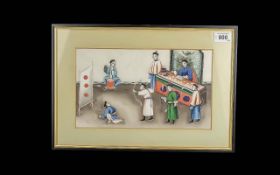 Six Oriental Pith Paintings, depicting life at home, on horseback, ladies weaving,