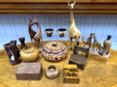 Box of Wooden Items, to include carved boxes, animals, pots, vases, etc.